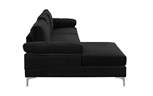 Casa Andrea Milano llc Modern Large Velvet Fabric Sectional Sofa, L-Shape Couch with Extra Wide Chaise Lounge, Jet Black
