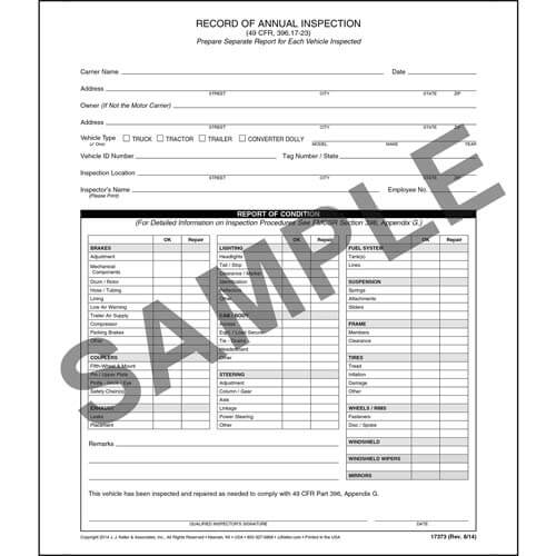 JJ Keller Record of Annual Inspection, Personalized (Pack of 1,000)