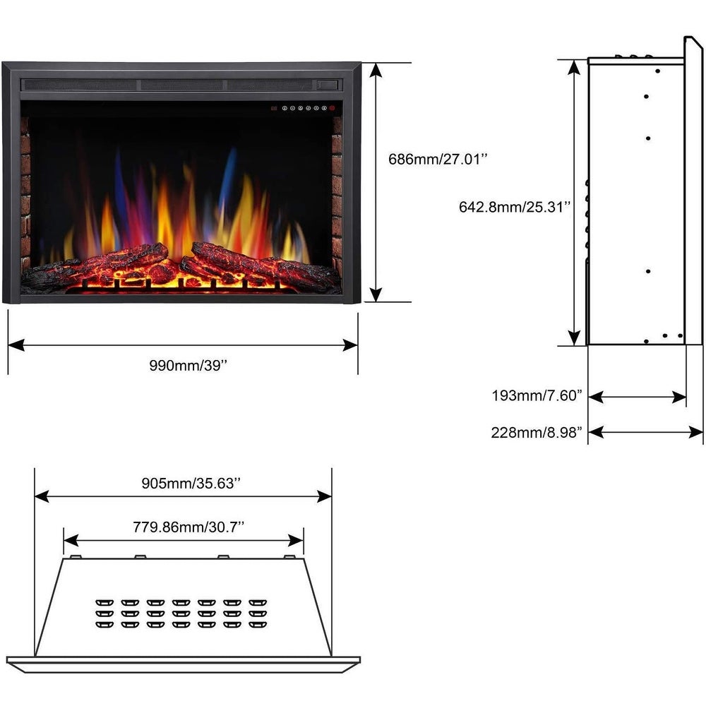RW Flame 939A 750W-1500W 39 Inch Recessed Freestanding Electric Fireplace Insert With Remote Black New