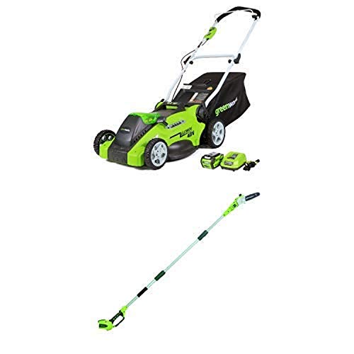 Greenworks 16-Inch 40V Cordless Lawn Mower with 8.5' 40V Cordless Pole Saw Battery Not Included 20302
