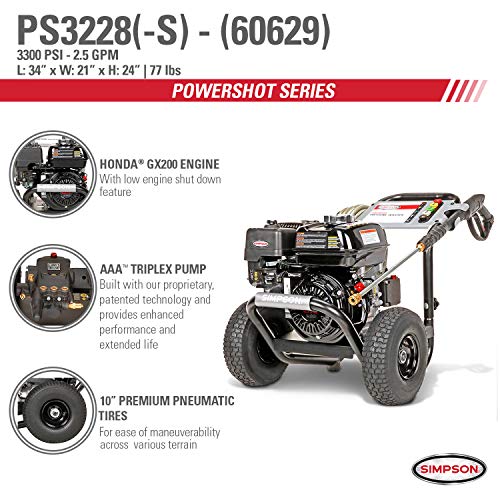 SIMPSON Cleaning PS3228 PowerShot Gas Pressure Washer Powered by Honda GX200, 3300 PSI at 2.5 GPM, Black