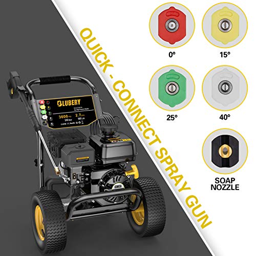 BLUBERY 3600 PSI & 2.7 GPM Gas Pressure Washer, Heavy Duty Power Washer, 50Ft High Pressure Hose&Soap Tank, 5 Adjustable Nozzles, CARB Compliant,Black