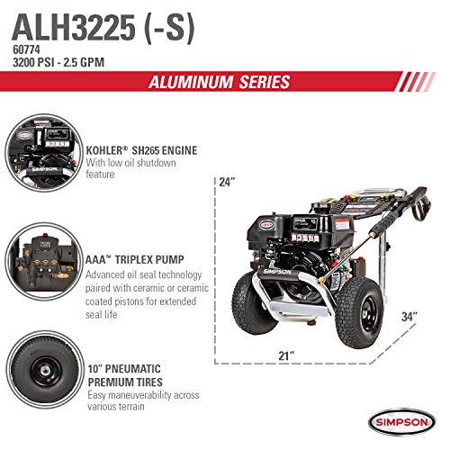 Simpson Cleaning ALH3225 Aluminum Gas Pressure Washer Powered by Kohler HS265 3200 PSI at 2.5 GPM