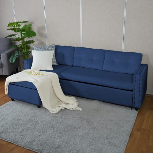 Muzz Couch Bed Sleeper Sofa Couches Pull Out Couch Small Couch Reversible Sleeper Sectional Sofa with Storage Chaise and Pocket (Navy Blue)