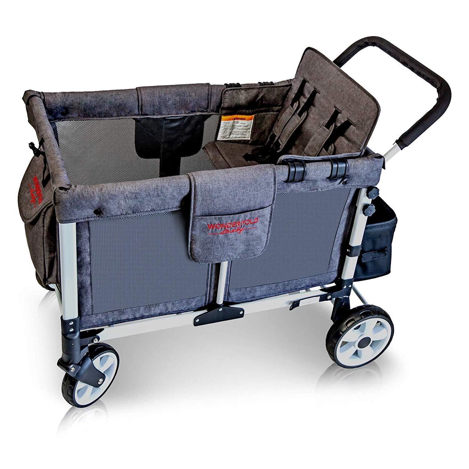 WonderFold Baby Multi-Function Folding Quad Stroller Wagon with Removable Canopy and Seats Gray Used