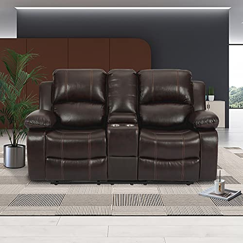 Reclining Sofa Air Leather Loveseat Recliner Chair Modern Living Room Set Furniture with Console Slate,Double Recliner Seat with Cup Holder,2-Seater with Flipped Middle Backrest for Theater Rv Sofa