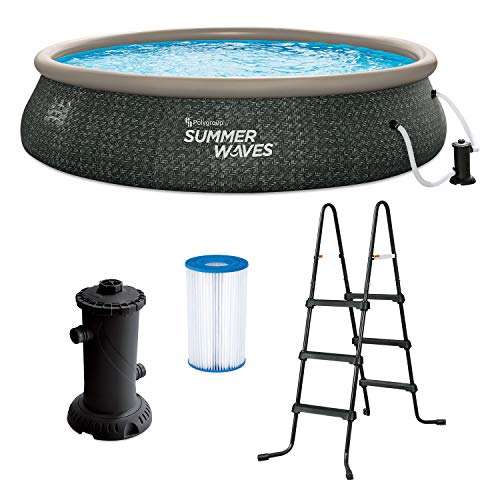 Summer Waves P1A01642E 16ft x 42in Round Quick Set Inflatable Ring Above Ground Swimming Pool with Ladder and Filter Pump, Dark Gray Herringbone Print