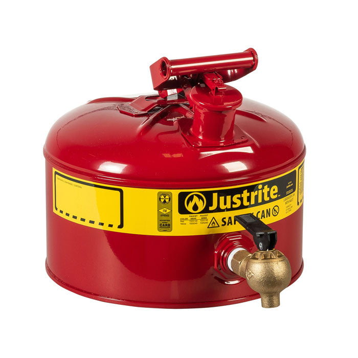 Justrite 2.5 Gallon Steel Safety Can For Laboratories, Type I, Bottom Brass Flow-Control Faucet