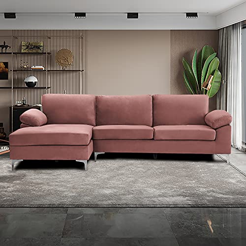 STARTO Upholstered Modern Sectional Sofa Furniture Set for Living Room Velvet L Shaped Chaise 3 Seat Sofá Corner Couch with Metal Leg Left Hand Facing, Pink