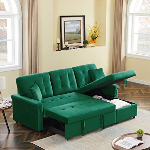 Velvet Reversible Sectional Sofa with Pull Out Sleeper Bed, Upholstered L-Shaped Sofa Couch with Storage Ottoman for Living Room Office Apartment (Green)
