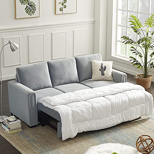 GAOPAN Modern Velvet Upholstered Sectional Sofa Couch W/Pull-Out Sleeper Bed Sofabed, L-Shape Corner Sofá with Reversible Storage Chaise Lounge for Living Room Furniture Set & Apartment, Light Gray
