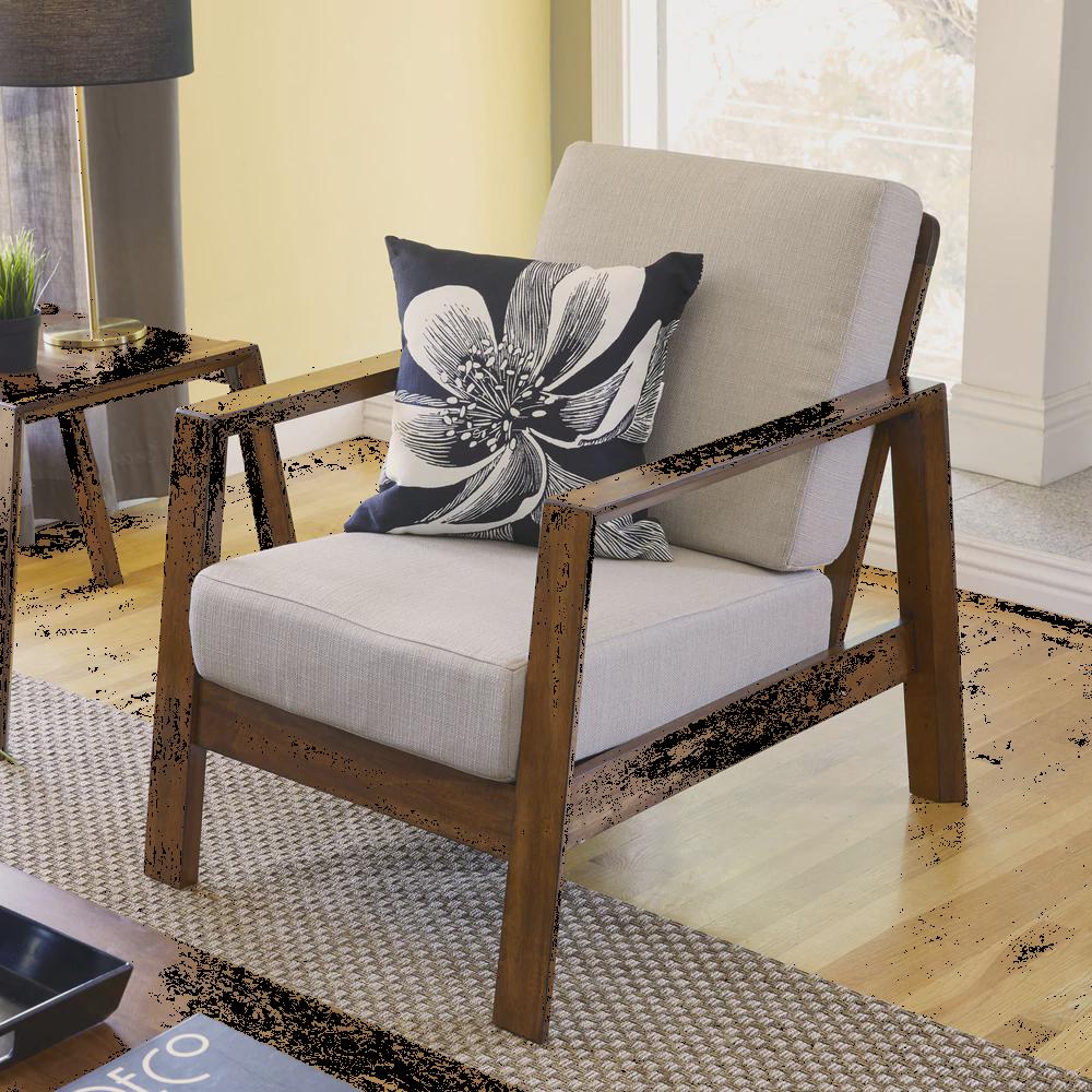 Tan Linen Arm Chair with Exposed Wood Frame