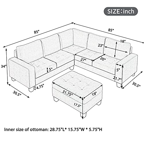 Sectional Sofas 3-Seat Sofa Sectional Sofa Couches with Reversible Chaise Storage Ottoman and 2 Cup Holders, Sofa Lounge and Ottoman for Living Room Furniture