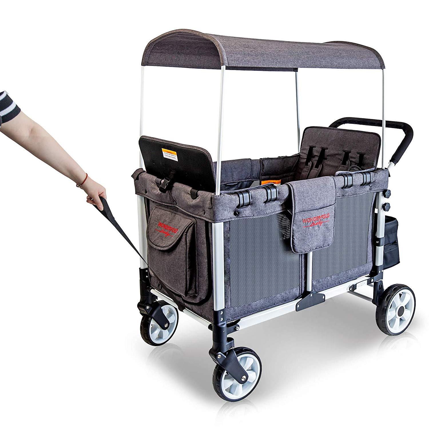 WonderFold Baby Multi-Function Folding Quad Stroller Wagon with Removable Canopy and Seats Gray New