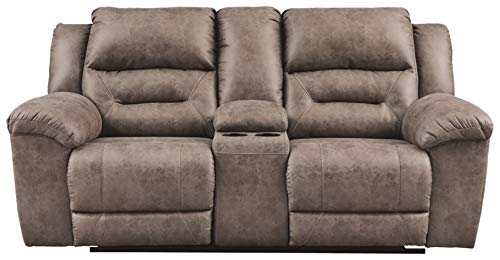 Signature Design by Ashley Stoneland Faux Leather Manual Double Reclining Loveseat with Center Console, Light Brown