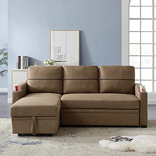 YOGLAD Reversible Sectional Sofa Chaise for Living Room, Pull Out Bed Sleeper Couch with Storage, 81 inch Wide L-Shaped Couch with 2 Cup Holder, Brown Linen