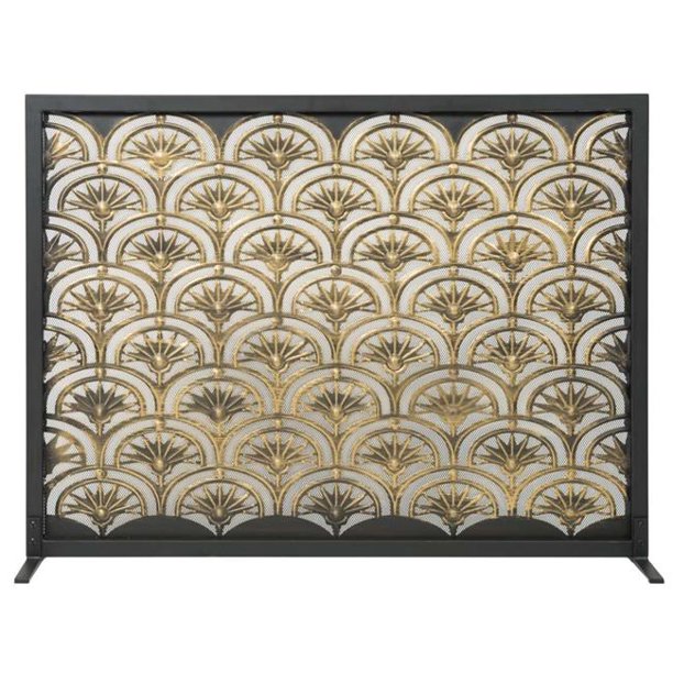 Dagan Black With Antique Gold Fan Design Fireplace Panel Screen