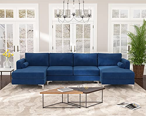 GAOPAN Modern Upholstered Velvet U-Shape Sectional Sofa with Two Pillows and Double Wide Chaise Lounge Couch for Living Room Furniture Set & Apartment, Blue