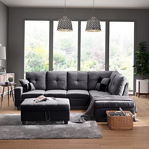 Longrune Sectional Sofa Couch 5-Seat L-Shape Corner Set with Chaise & Ottoman & 2 Pillows for Small Space, 103.5Inch, Grey