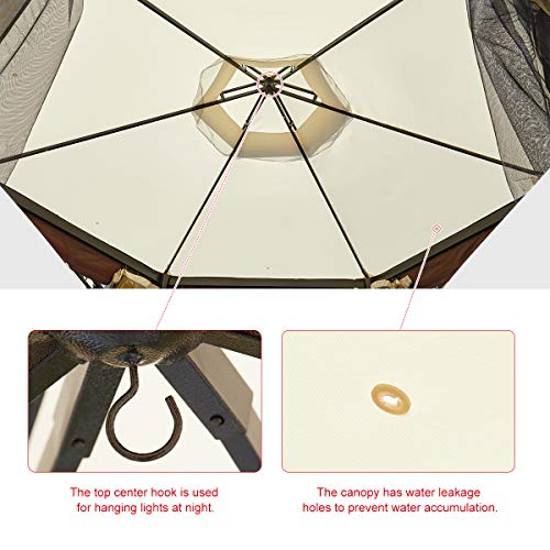 Erommy 12FT Outdoor Canopy Gazebo Hexagonal Double Roof Patio Gazebo Steel Frame Pavilion with Netting and Shade Curtains for Garden,Patio,Party Canopy-Cream