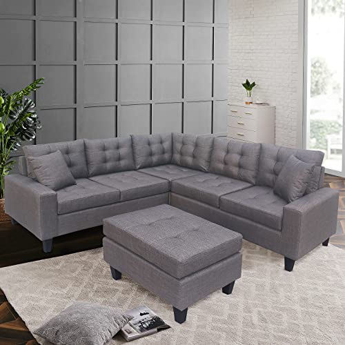 Recaceik Modern Convertible Left Hand Chaise Lounge and Storage Ottoman, L Shaped Set for Home Living Room Furniture, Sectional Sofa Upholstered Corner Couches, Grey