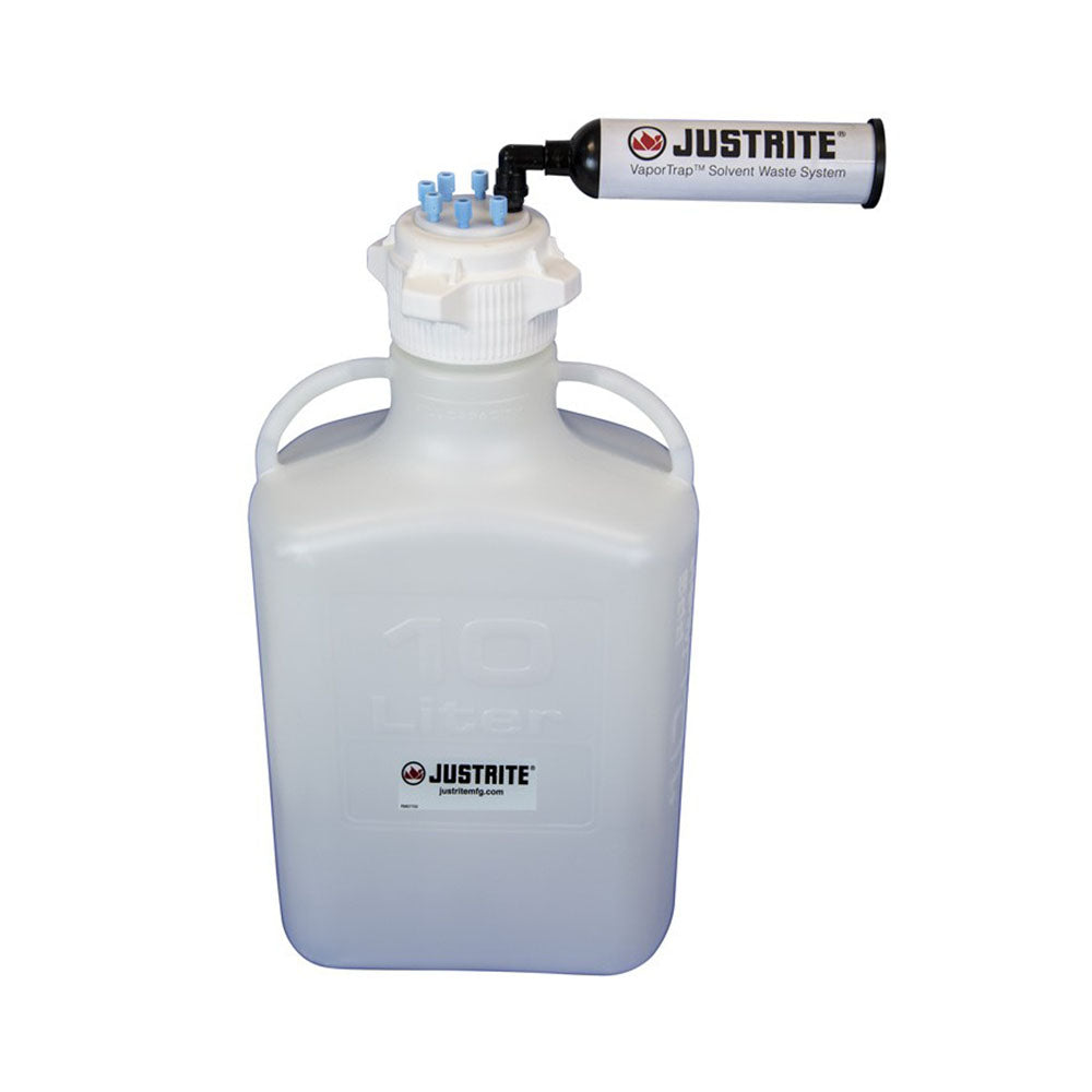 Justrite VaporTrap™ Carboy with Filter Kit, 10L HDPE, 83mm Cap, 6 Ports 1/8
