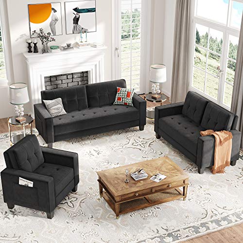 Harper & Bright Designs 3-Piece Living Room Sectional Sofa Set with Side Pockets, Modern Style Button Tufted Velvet Upholstered Armchair Loveseat Sofa and Three Seat Sofa Set Sectional Couch, Black