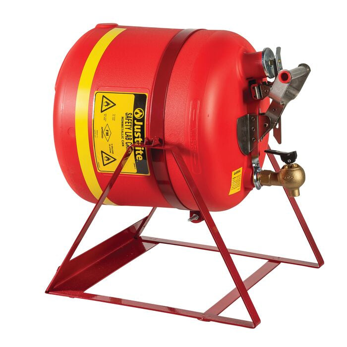 Justrite 5-Gallon, Polyethylene Safety Can, Tilt-Style With Stand, Top Self-Close Brass Faucet