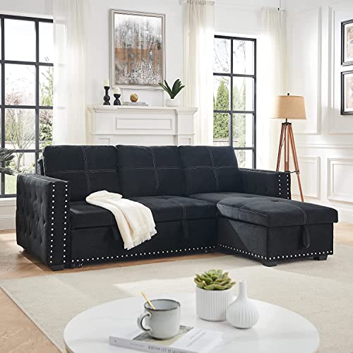 Sectional Sofa with Pull Out Bed, HABITRIO Solid Wood & Velvet Upholstered 2 Seats Sofa and Reversible Chaise Lounge w/Storage, Modern Design 91
