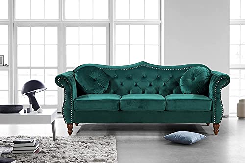 Container Furniture Direct Anna1 Velvet Upholstered Classic Nailhead Chesterfield Living Room, Sofa, Pine Green