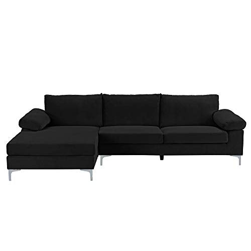 Casa Andrea Milano LLC Modern Large Velvet Fabric Sectional Sofa L Shape Couch with Extra Wide Chaise Lounge, Black