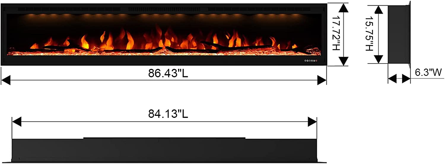 Valuxhome BI84 84 in. 750/1500W Recessed and Wall Mounted Electric Fireplace with Remote with LED Lights Log set and Crystals Black New