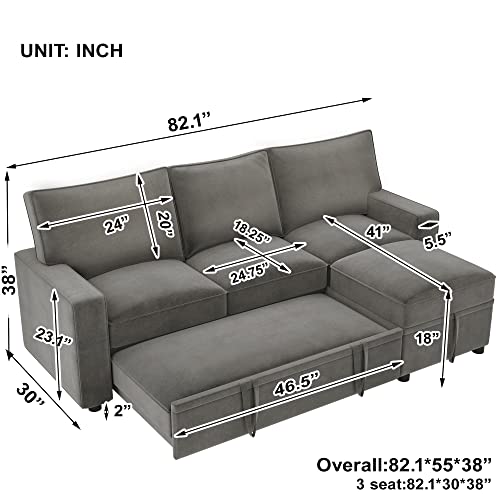 Reversible Sectional Sofa,Pull Out Sofa Bed with 2 Pull-Out Sleepers, Space-Saving Functional Sofa Bed, Chaise Longue with Loveseat, Grey