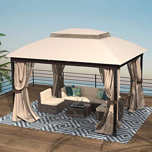 Finefind Gazebo with Mosquito Netting Outdoor Gazbeo Canopy 10x12 Double Roof Vented, Sand