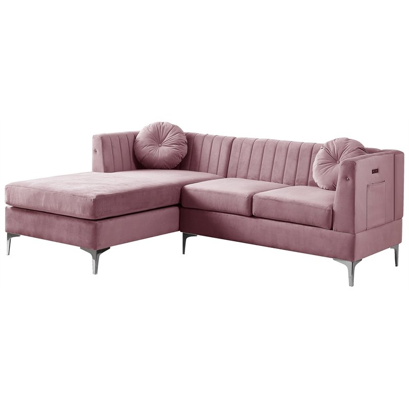 Pink Velvet Sectional Sofa Chaise with USB Charging Port