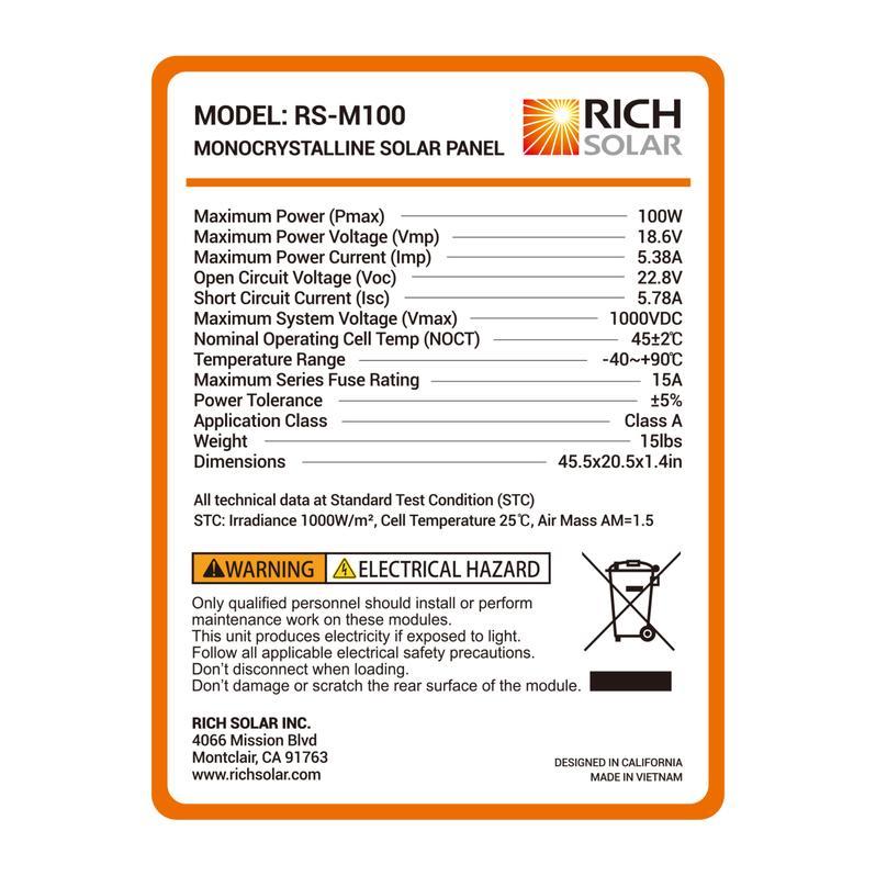 Rich Solar RS-M100 100 Watt 12 Volt Solar Panel New