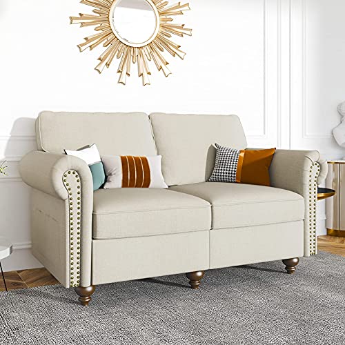 Nolany Classic 2 Piece Living Room Sofa Set Upholstered Fabric 3 Seats Sofa Couch and Loveseat Set Rolled Arm Sofa Sets, Light Beige