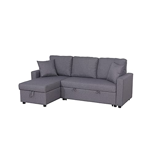 Kingway Furniture Hemus Linen Blend Reversible Sectional Sleeper Sofa with Pillows in Gray