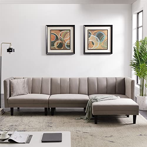 Velvet Sectional Futon Sofa Bed, Convertible Sleeper Sofa Bed with Reversible Chaise, Plastic Legs and 2 Pillows, Couch for Living Room, Apartment, Office - Light Grey