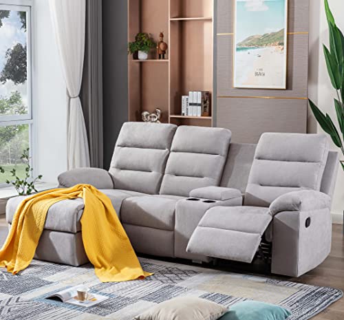 GAOPAN L-Shaped Upholstered Manual Reclining Sectional Sofa with Storage Chaise Lounge Couch and 2 Cup Holders for Living Room Furniture Sets, Light Grey