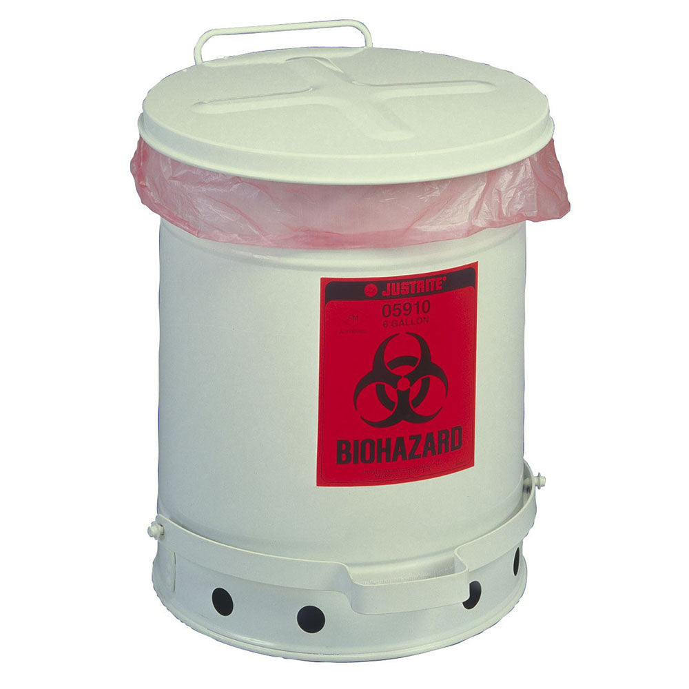 Justrite Biohazard Waste Can, 6 Gallon, Foot-Operated Self-Closing SoundGard™ Cover