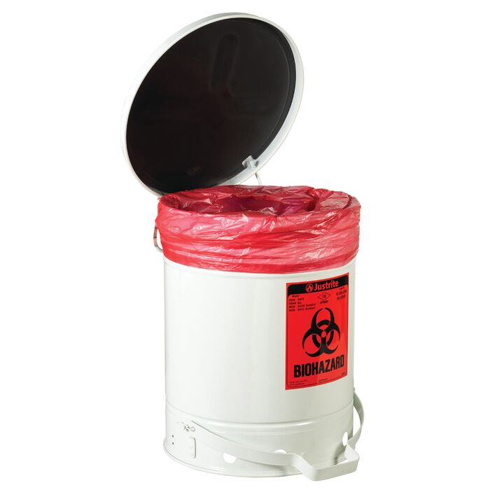 Justrite 10 Gallon Steel Biohazard Waste Can, Foot-Operated Self-Closing, SoundGard™ Cover, White