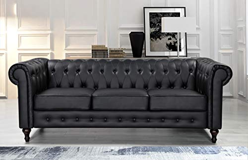 US Pride Furniture Soft Elegant 82.3’’ Wide Black Faux Leather Tight Back Rolled Arm Living Room Removable Cushion & Solid Wood Legs (S5683-5687) Sofas