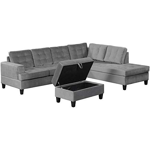 Sectional Sofa Sets 3-seat with Chaise Lounge and Storage Ottoman for Living Room Furniture Sofas Sets (Gray)
