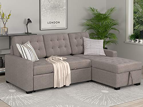 YISHEN U_Style Upholstery Sleeper Sectional Sofa Beige Brown