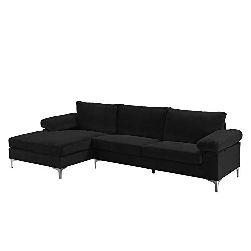 Casa Andrea Milano LLC Modern Large Velvet Fabric Sectional Sofa L Shape Couch with Extra Wide Chaise Lounge, Black