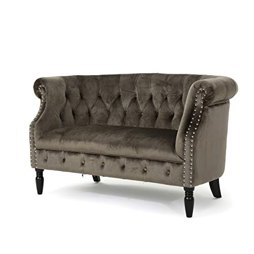 Christopher Knight Home Milani Tufted Scroll Arm Velvet Loveseat, Grey / Dark Brown