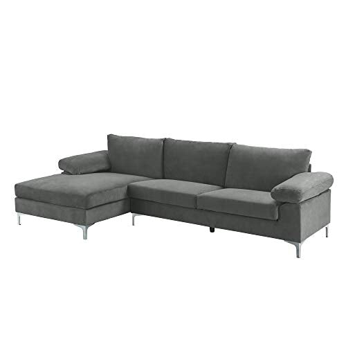 Casa Andrea Milano Modern Sectional Sofa L Shaped Velvet Couch, with Extra Wide Chaise Lounge, Large, Grey