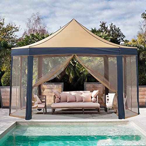 13x10ft Patio Pop up Gazebo with Netting ,Octagonal Gazebo Canopy Waterproof Outdoor Gazebo Shelter with Ground Nail and Rope
