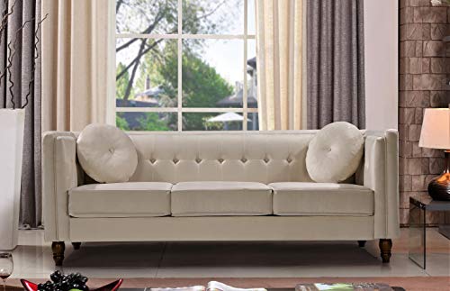 US Pride Furniture Velvet Square Arm Chesterfield Sofas, Ivory